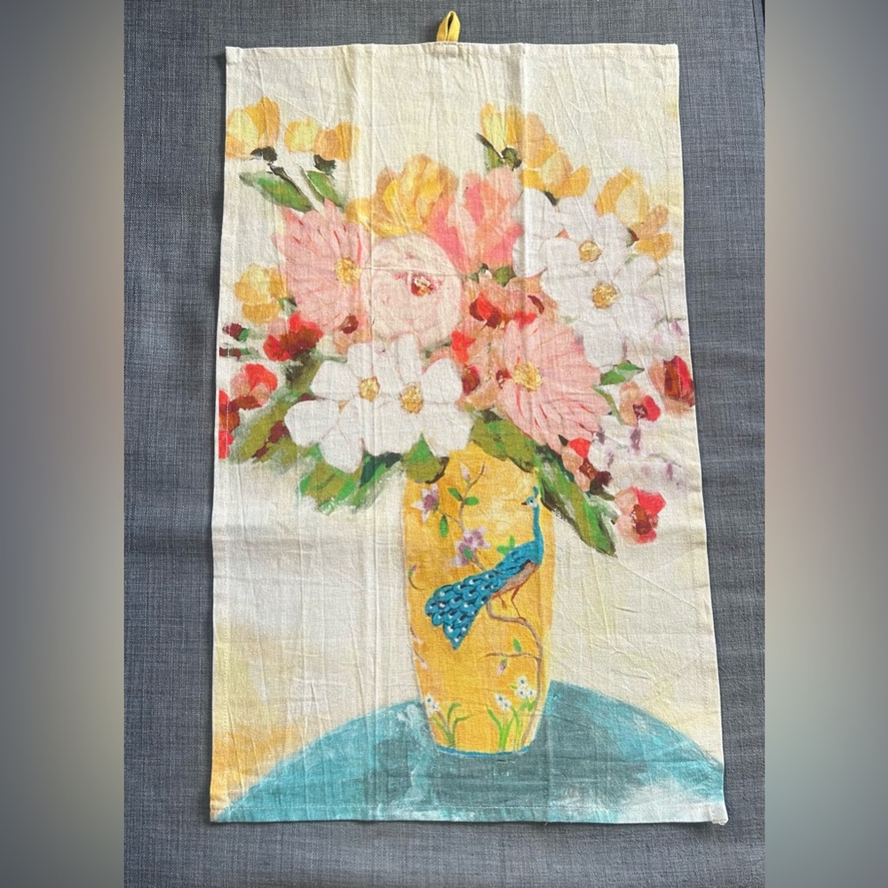 Cotton Chambray Printed Tea Towel w/ Loop Flowers in Vase Peacock Print #0910253
